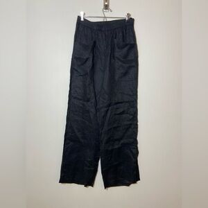 NEW Calme S Wide Leg Relaxed Linen Pants Black Side Slit Big Pockets